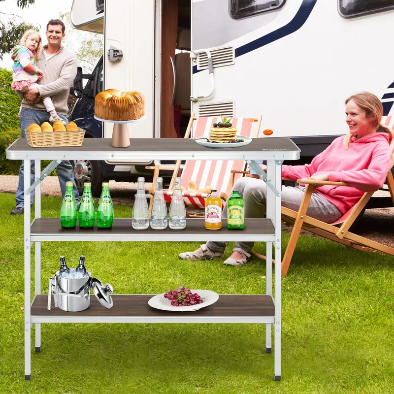 Aluminum Folding Camping Table with Dual-Tier Storage Shelves 2