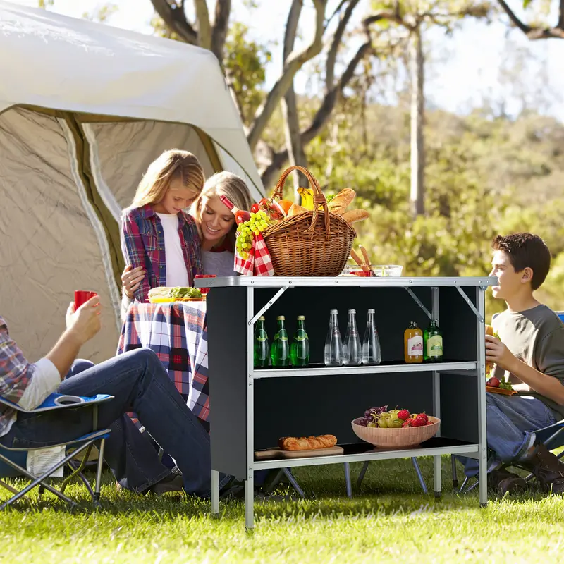 Aluminum Folding Camping Table with Dual-Tier Storage Shelves