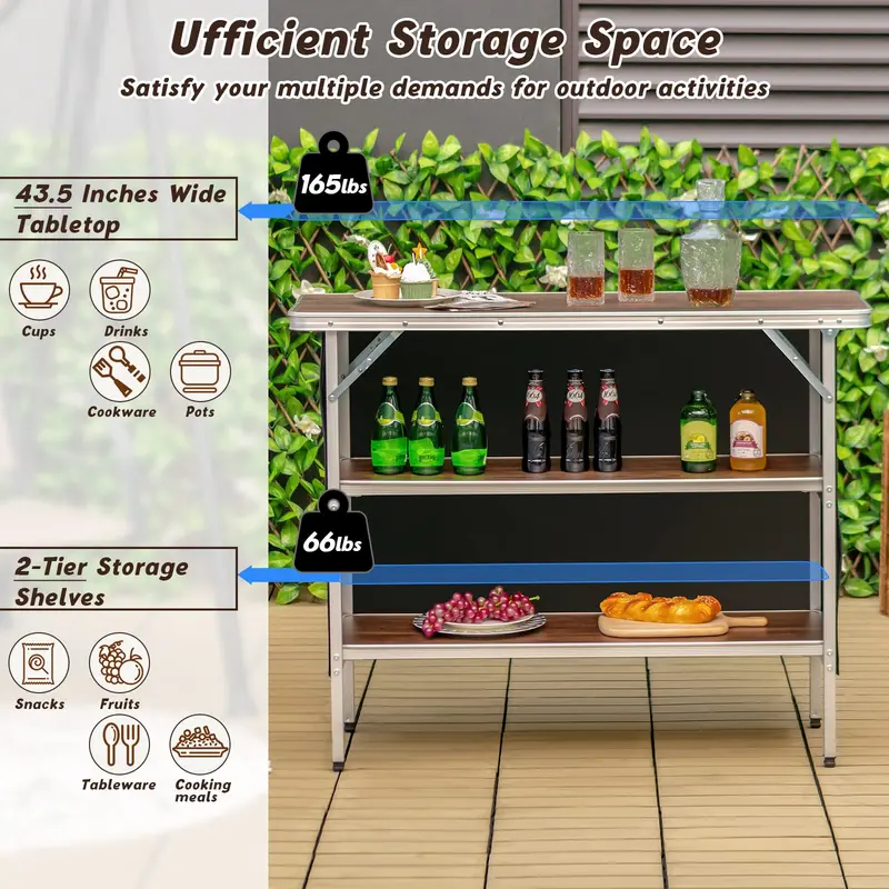 Aluminum Folding Camping Table with Dual-Tier Storage Shelves