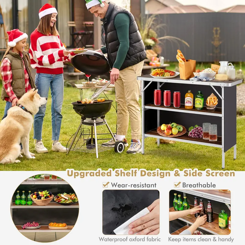 Aluminum Folding Camping Table with Dual-Tier Storage Shelves