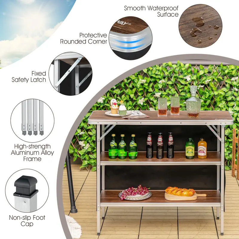 Aluminum Folding Camping Table with Dual-Tier Storage Shelves
