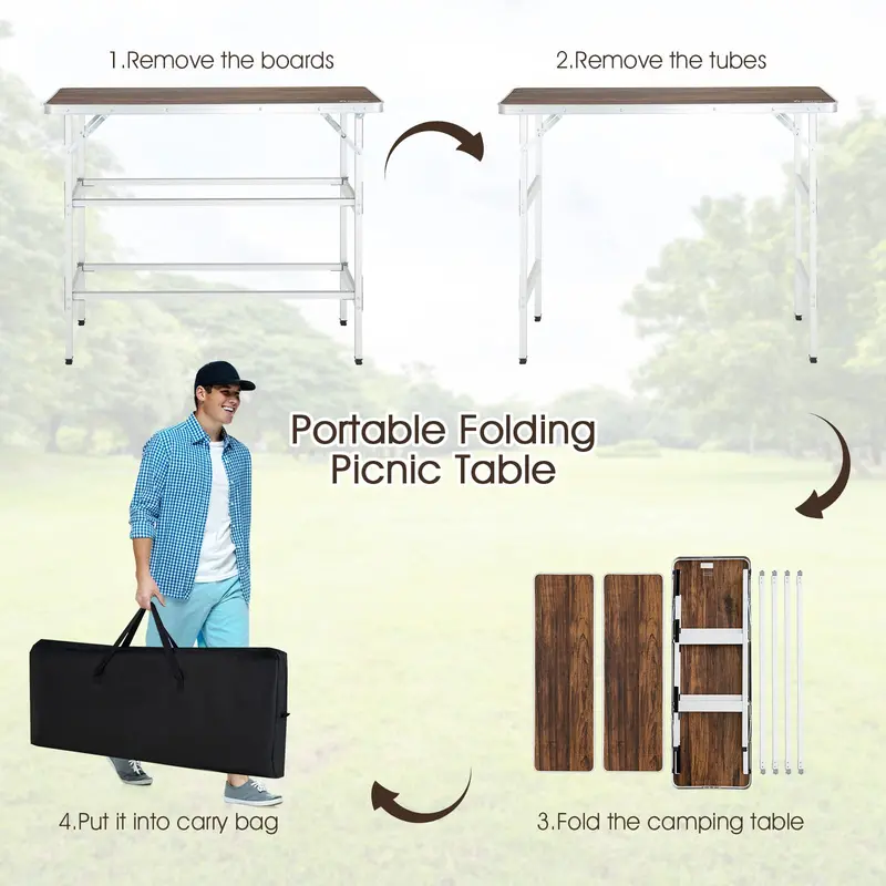 Aluminum Folding Camping Table with Dual-Tier Storage Shelves