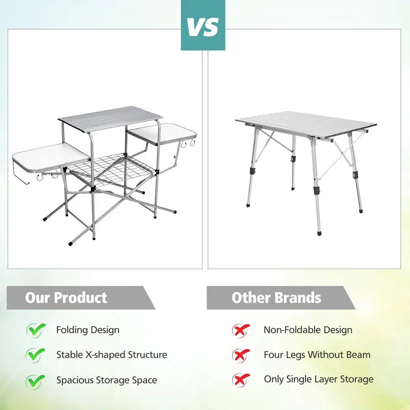 Aluminum Folding Grill Table – Compact Outdoor Kitchen Table with 26-Inch Main Surface