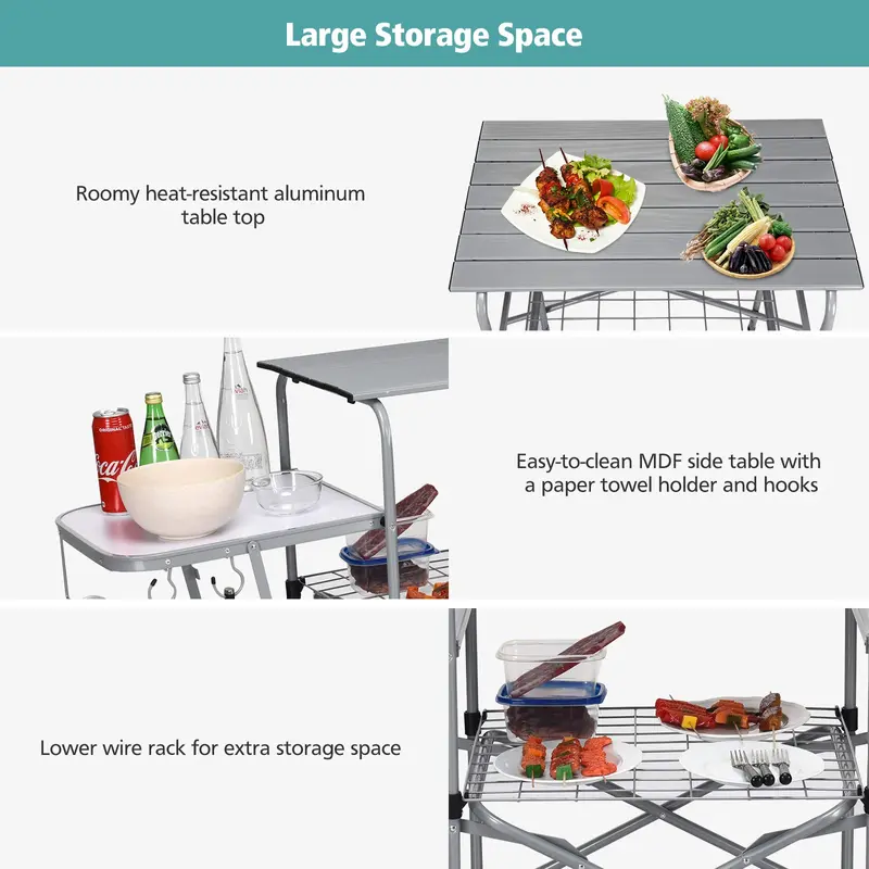 Aluminum Folding Grill Table – Compact Outdoor Kitchen Table with 26-Inch Main Surface
