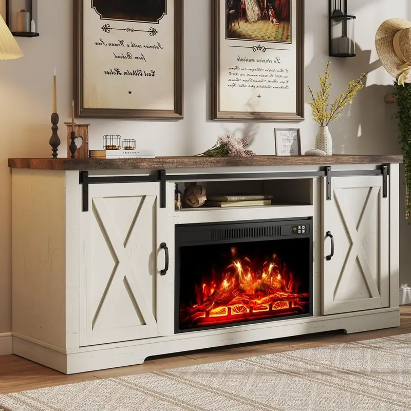 AMERLIFE Farmhouse Fireplace TV Stand – 63" Sliding Barn Door Entertainment Center for TVs up to 73", with Cabinets & Adjustable Shelves 1