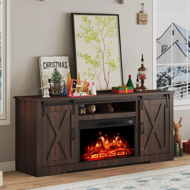AMERLIFE Farmhouse Fireplace TV Stand – 63" Sliding Barn Door Entertainment Center for TVs up to 73", with Cabinets & Adjustable Shelves