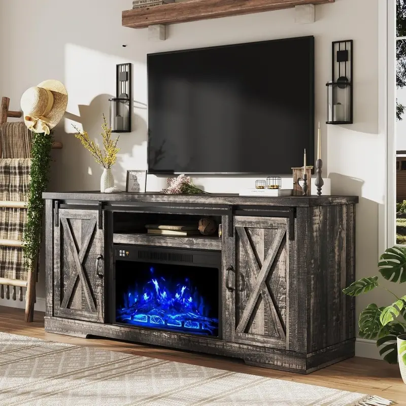 AMERLIFE Farmhouse Fireplace TV Stand – 63" Sliding Barn Door Entertainment Center for TVs up to 73", with Cabinets & Adjustable Shelves