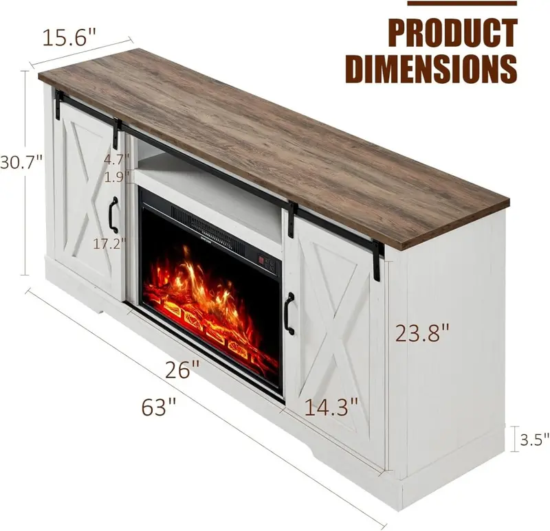 AMERLIFE Farmhouse Fireplace TV Stand – 63" Sliding Barn Door Entertainment Center for TVs up to 73", with Cabinets & Adjustable Shelves