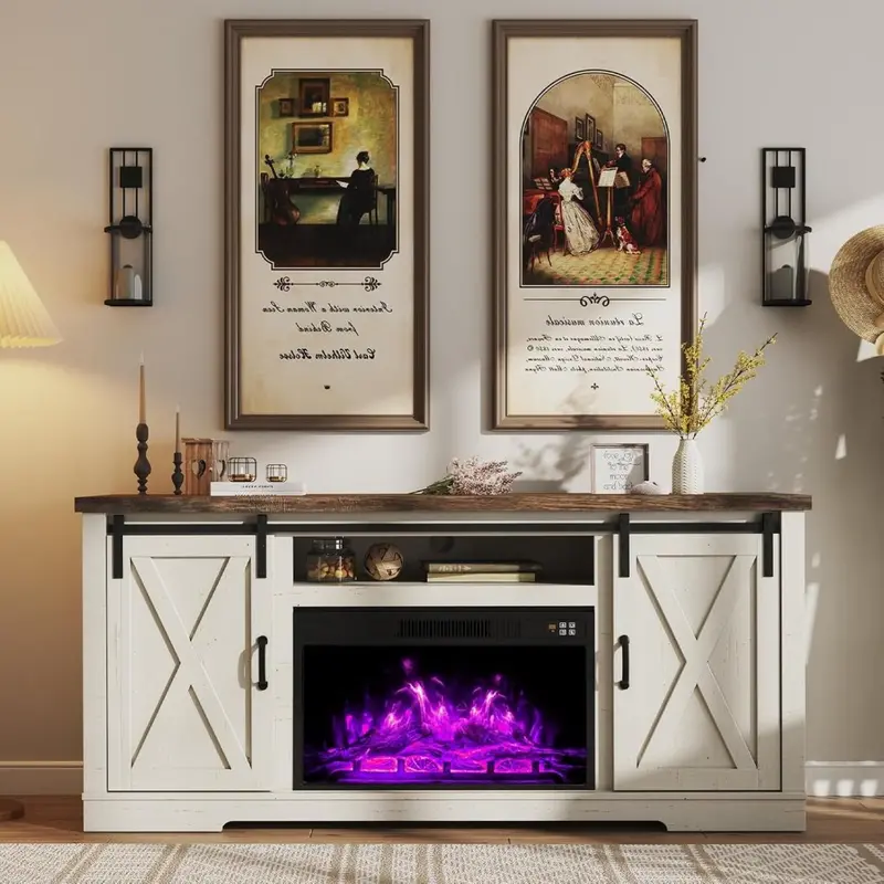 AMERLIFE Farmhouse Fireplace TV Stand – 63" Sliding Barn Door Entertainment Center for TVs up to 73", with Cabinets & Adjustable Shelves