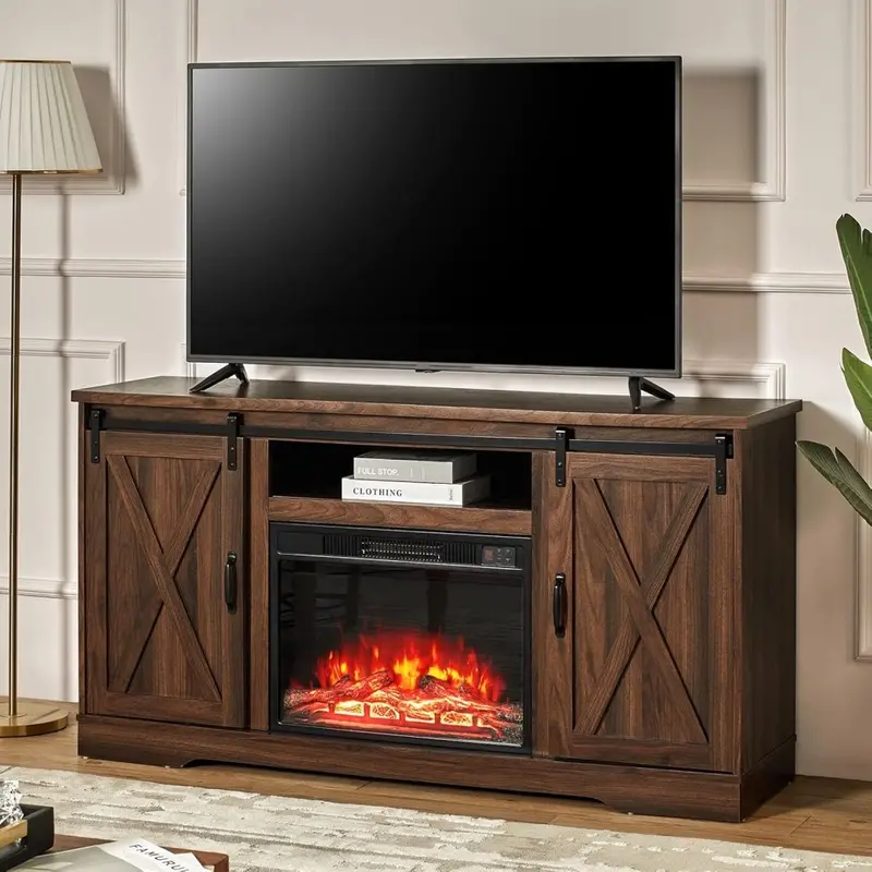 AMERLIFE Farmhouse Fireplace TV Stand – 63" Sliding Barn Door Entertainment Center for TVs up to 73", with Cabinets & Adjustable Shelves