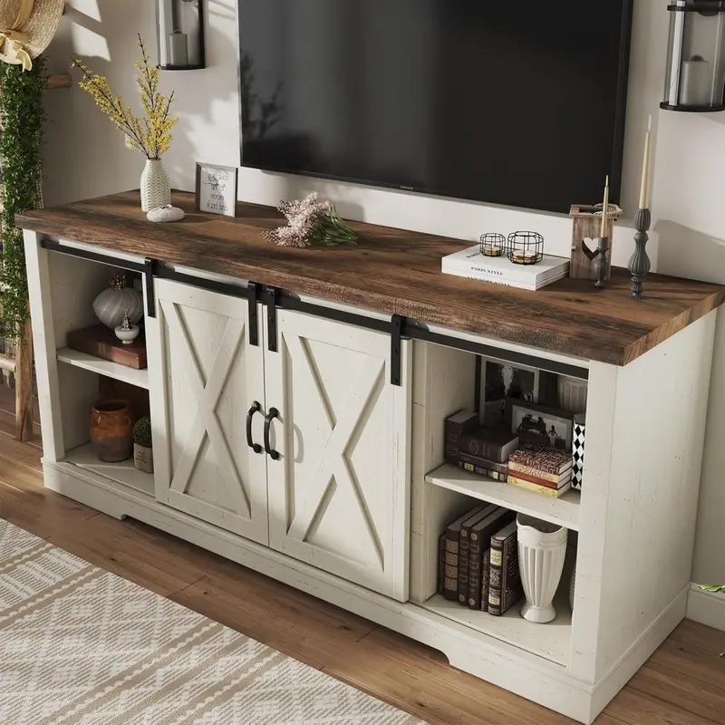 AMERLIFE Farmhouse Fireplace TV Stand – 63" Sliding Barn Door Entertainment Center for TVs up to 73", with Cabinets & Adjustable Shelves