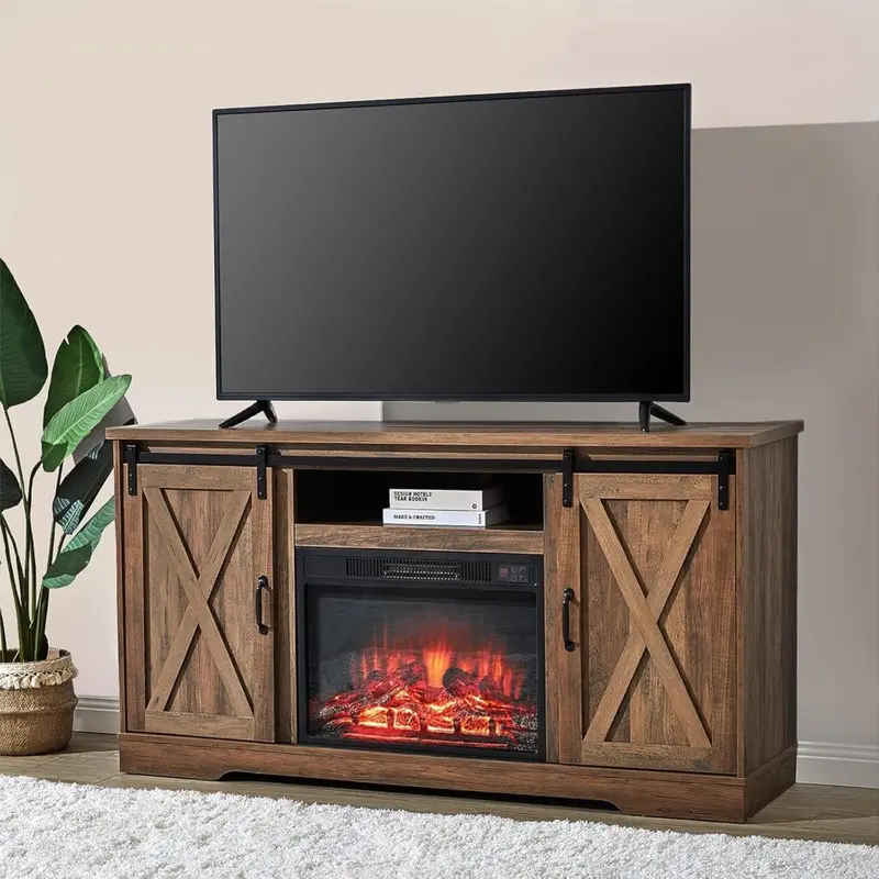 AMERLIFE Farmhouse Fireplace TV Stand – 63" Sliding Barn Door Entertainment Center for TVs up to 73", with Cabinets & Adjustable Shelves