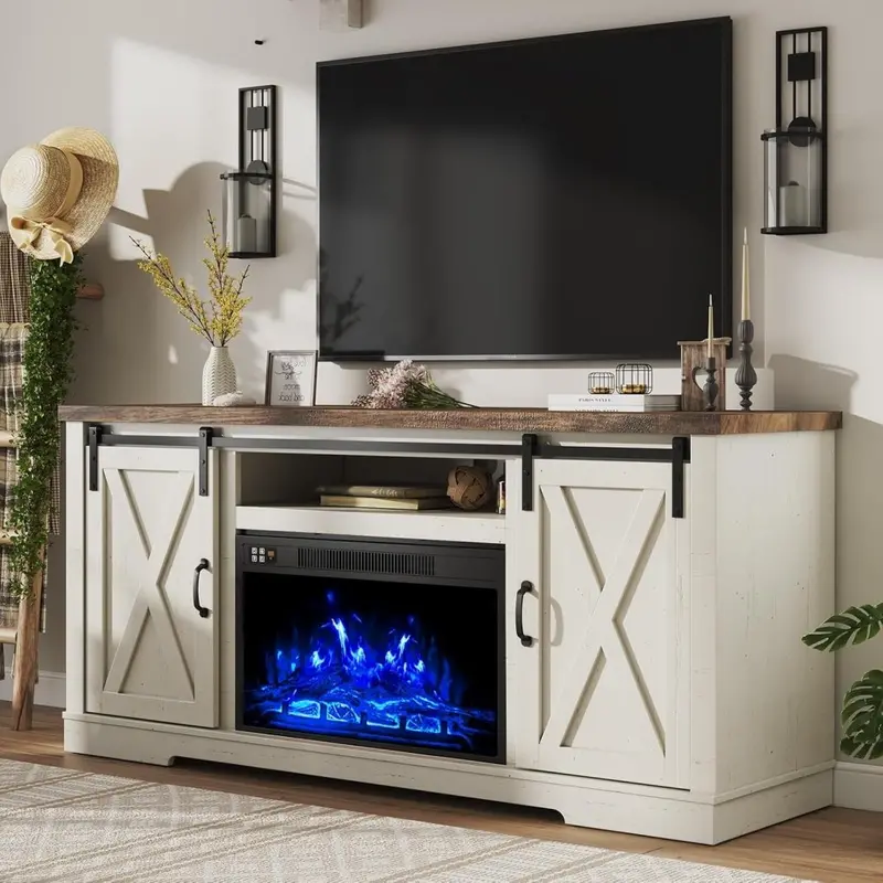 AMERLIFE Farmhouse Fireplace TV Stand – 63" Sliding Barn Door Entertainment Center for TVs up to 73", with Cabinets & Adjustable Shelves