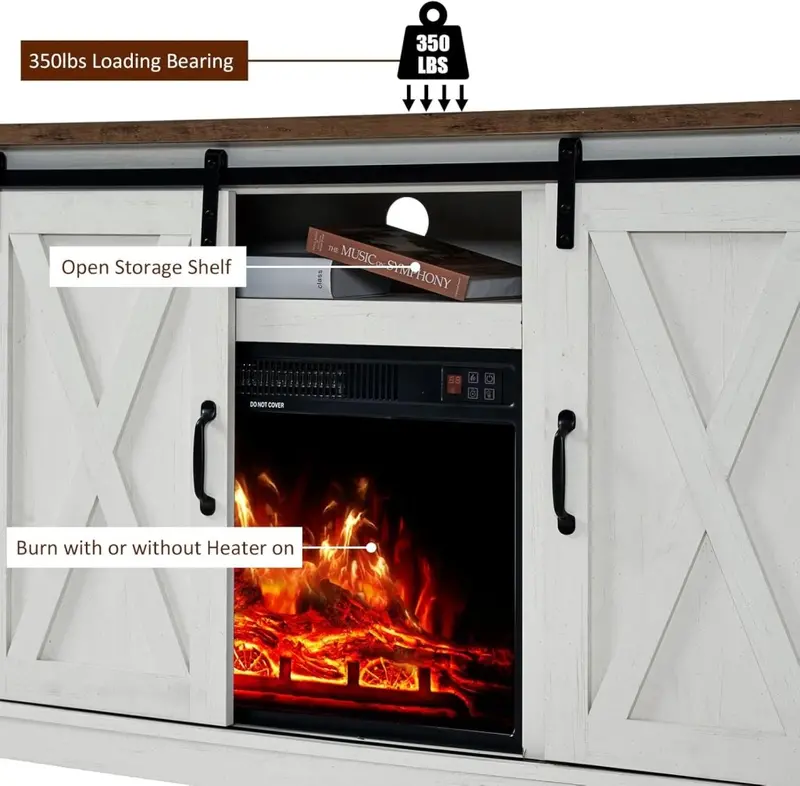 AMERLIFE Farmhouse Fireplace TV Stand – 63" Sliding Barn Door Entertainment Center for TVs up to 73", with Cabinets & Adjustable Shelves