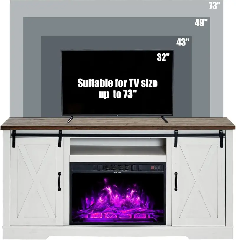 AMERLIFE Farmhouse Fireplace TV Stand – 63" Sliding Barn Door Entertainment Center for TVs up to 73", with Cabinets & Adjustable Shelves