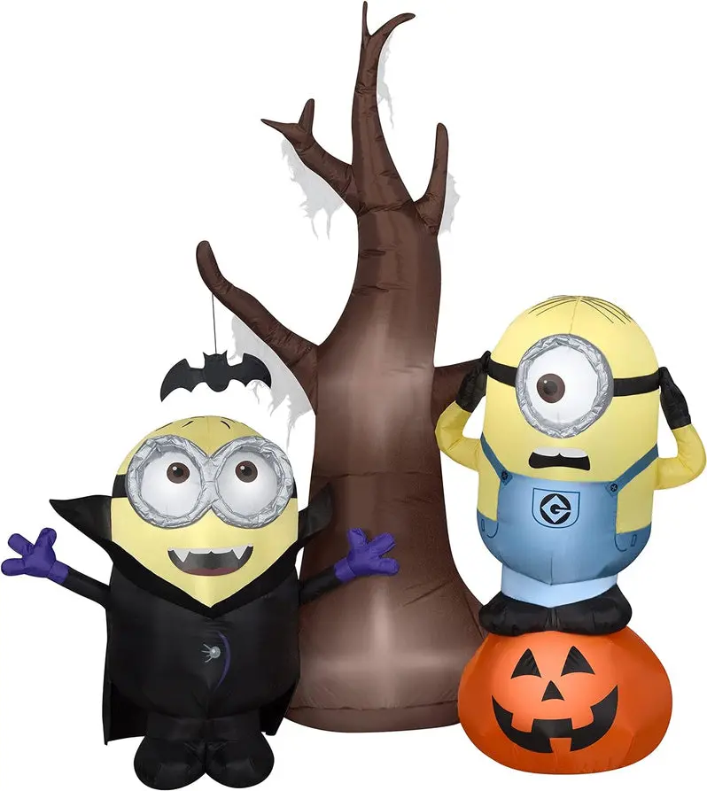 Animated Air-Blowing Minions Halloween Decor – Tree & Pumpkin Scene with Fan Motion