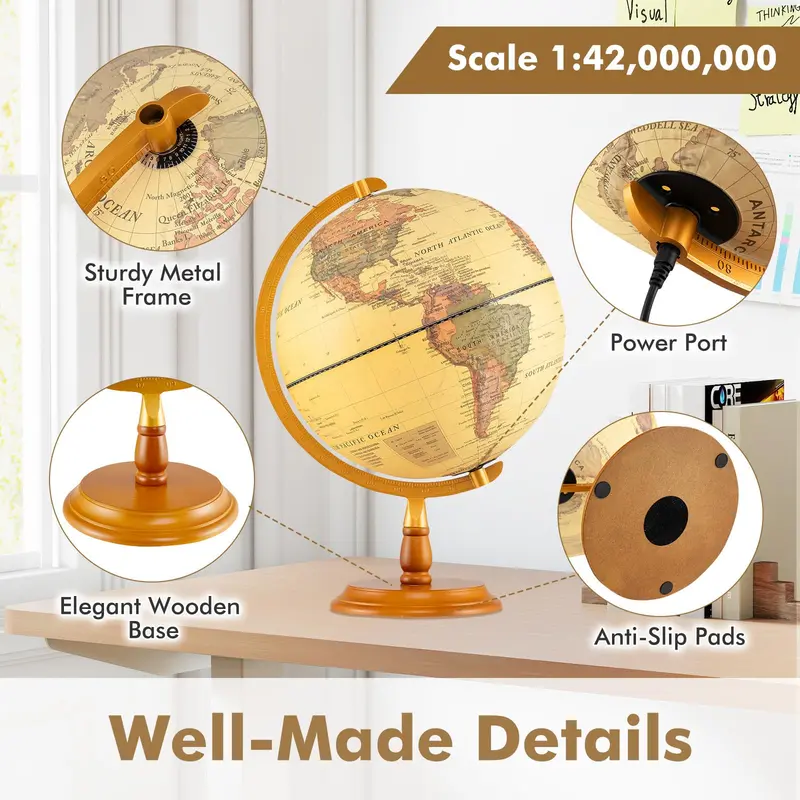 Antique-Style Rotating Globe Night Light – 12" Illuminated Desktop Lamp with Wooden Base