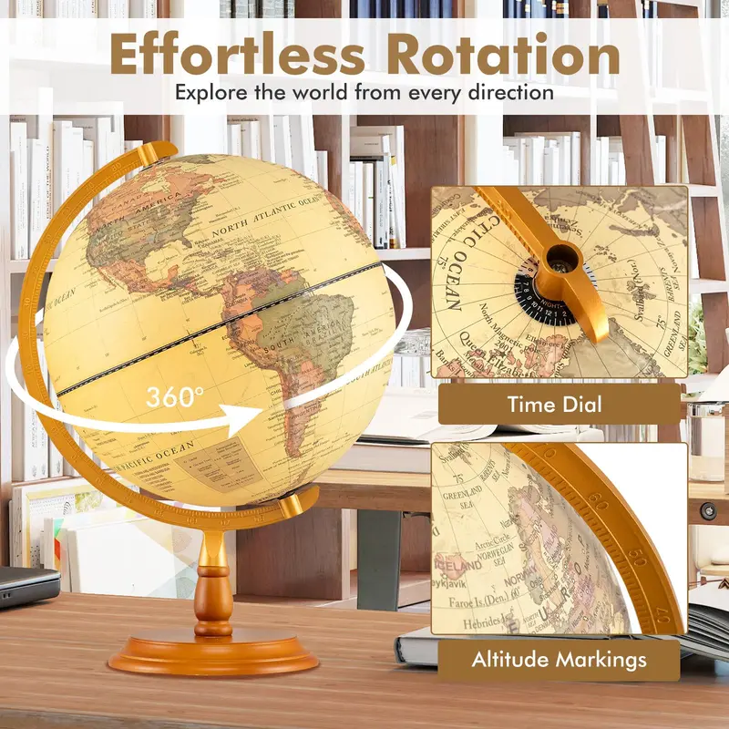 Antique-Style Rotating Globe Night Light – 12" Illuminated Desktop Lamp with Wooden Base