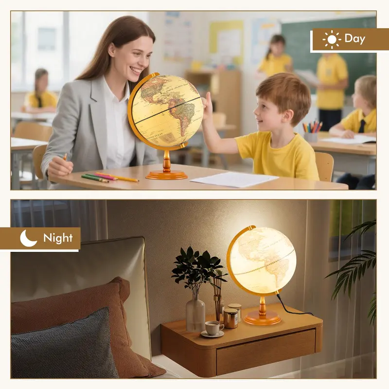 Antique-Style Rotating Globe Night Light – 12" Illuminated Desktop Lamp with Wooden Base