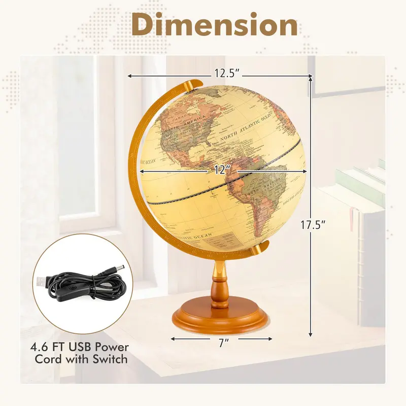 Antique-Style Rotating Globe Night Light – 12" Illuminated Desktop Lamp with Wooden Base