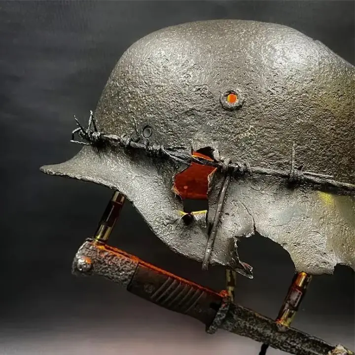 AntiqueLume Vintage Steel Helmet Table Lamp – Industrial-Chic Historical Lighting Fixture