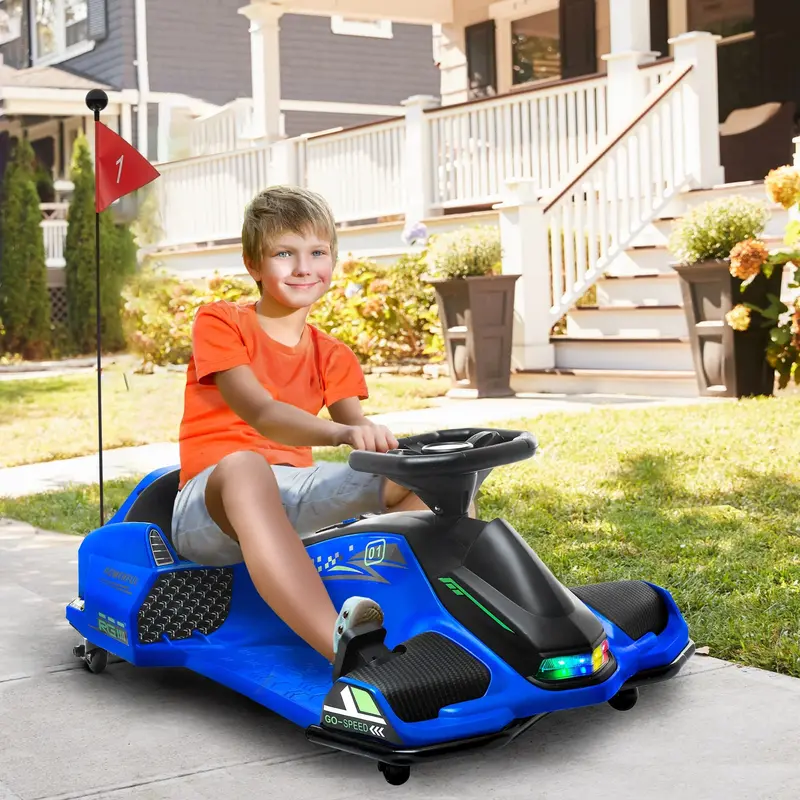 Aosom 12V Electric Drift Go-Kart for Kids – Blue with Lights & Music