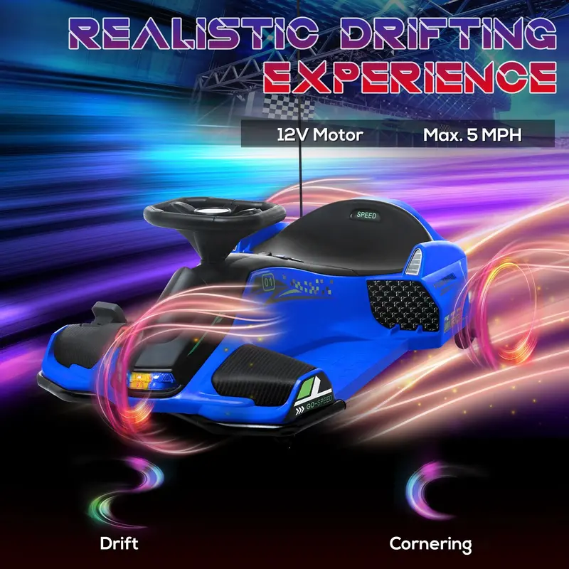 Aosom 12V Electric Drift Go-Kart for Kids – Blue with Lights & Music