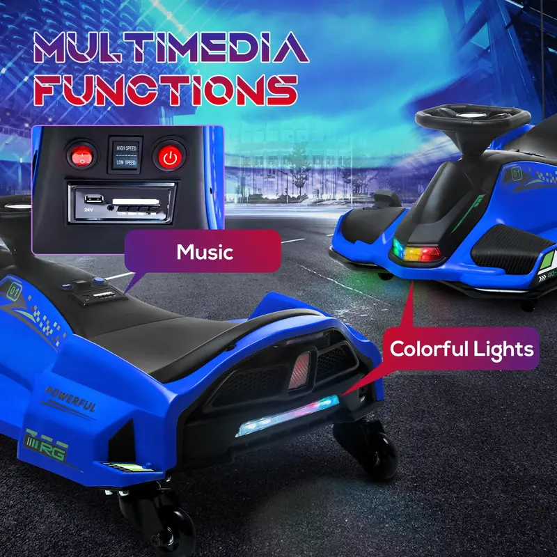 Aosom 12V Electric Drift Go-Kart for Kids – Blue with Lights & Music