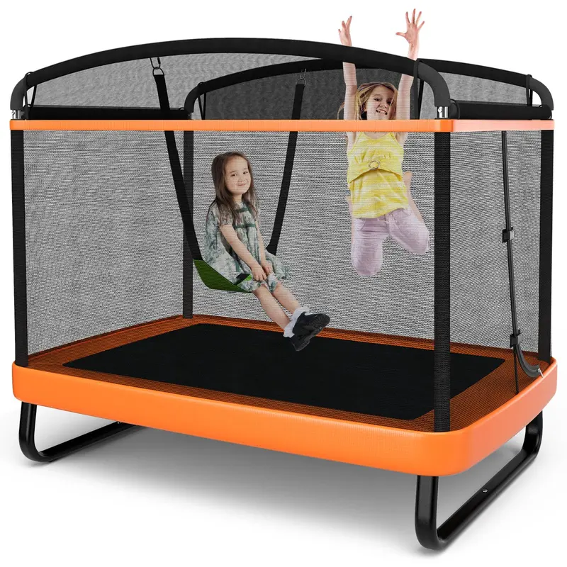 ASTM-Certified Rectangular Kids’ Trampoline with Safety Enclosure and Integrated Swing