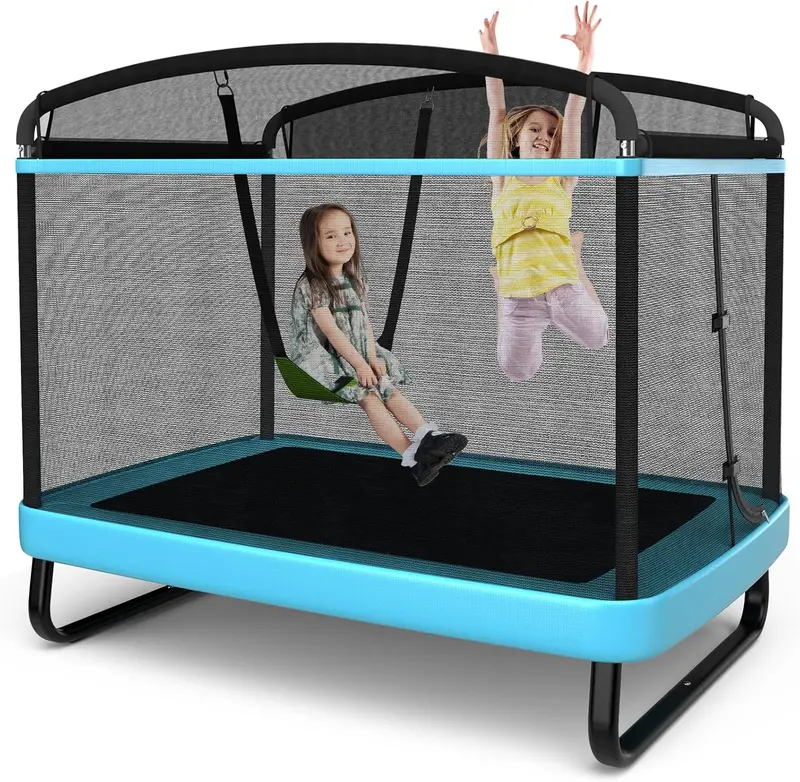 ASTM-Certified Rectangular Kids’ Trampoline with Safety Enclosure and Integrated Swing
