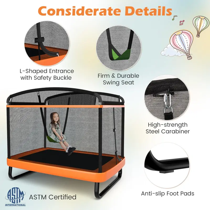 ASTM-Certified Rectangular Kids’ Trampoline with Safety Enclosure and Integrated Swing