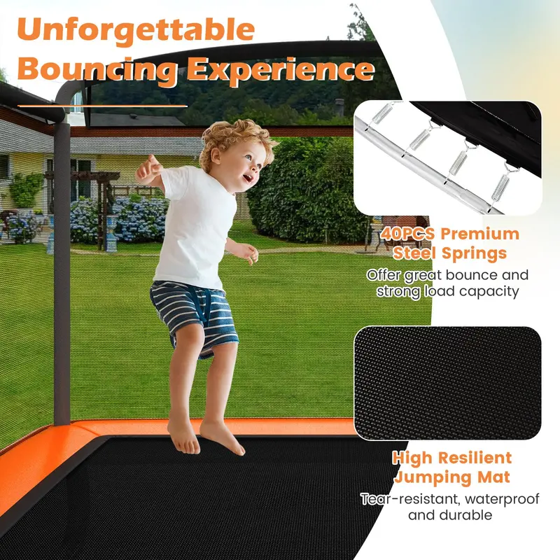 ASTM-Certified Rectangular Kids’ Trampoline with Safety Enclosure and Integrated Swing