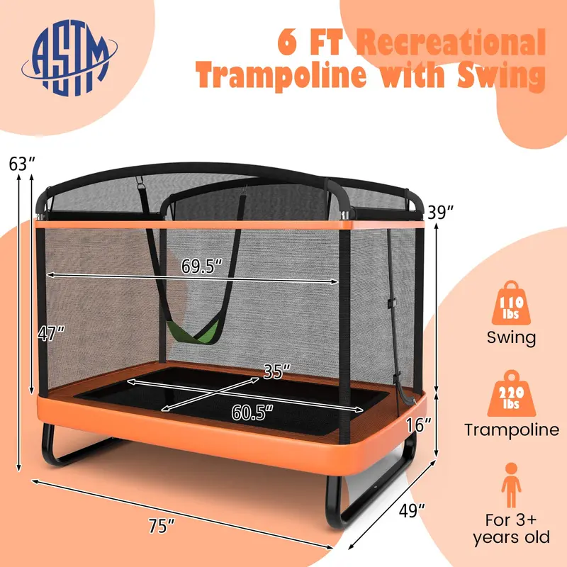 ASTM-Certified Rectangular Kids’ Trampoline with Safety Enclosure and Integrated Swing