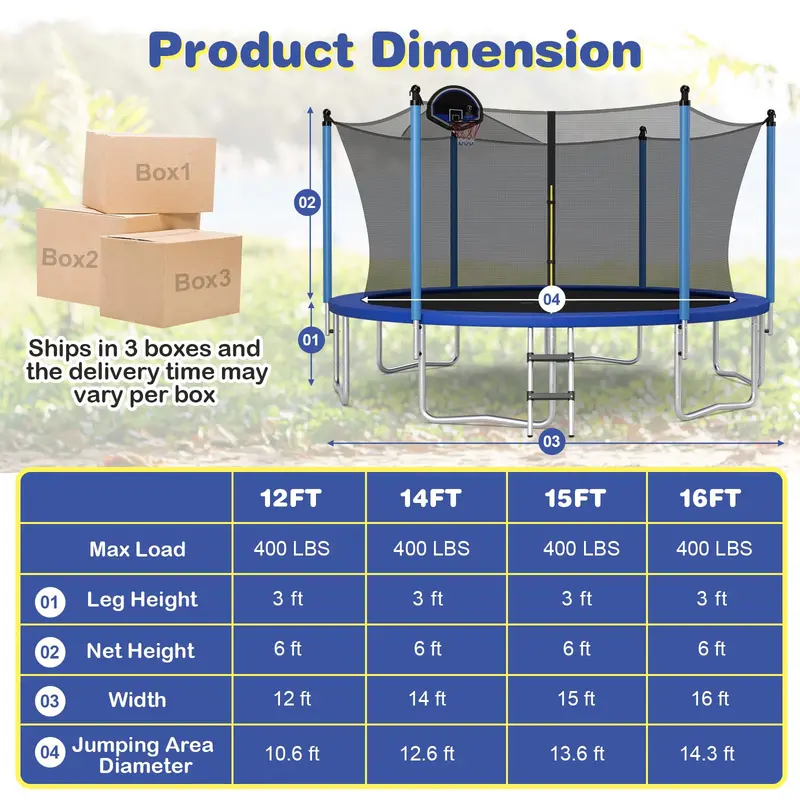 ASTM-Certified Trampoline – 12FT, 14FT, or 15FT Models with Internal Safety Net & Basketball Hoop 2