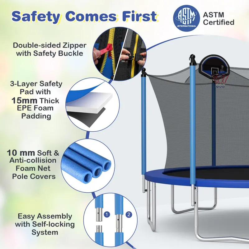 ASTM-Certified Trampoline – 12FT, 14FT, or 15FT Models with Internal Safety Net & Basketball Hoop