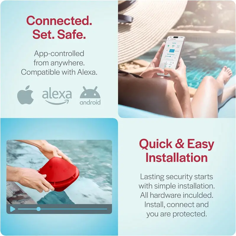 ASTM F2208-Compliant Floating Pool Alarm System | Loud Audio Alert for In-Ground & Above-Ground Pools | Alexa-Compatible | Easy Setup & Monitoring