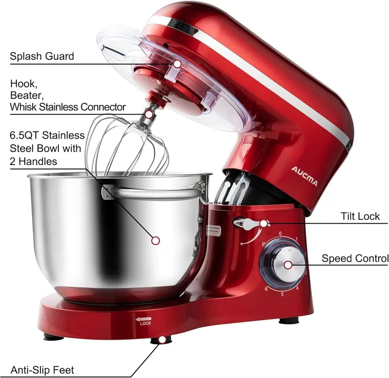 Aucma 6.5-Qt Tilt-Head Stand Mixer — 660W, 6-Speed Kitchen Mixer with Dough Hook & Stainless Steel Bowl