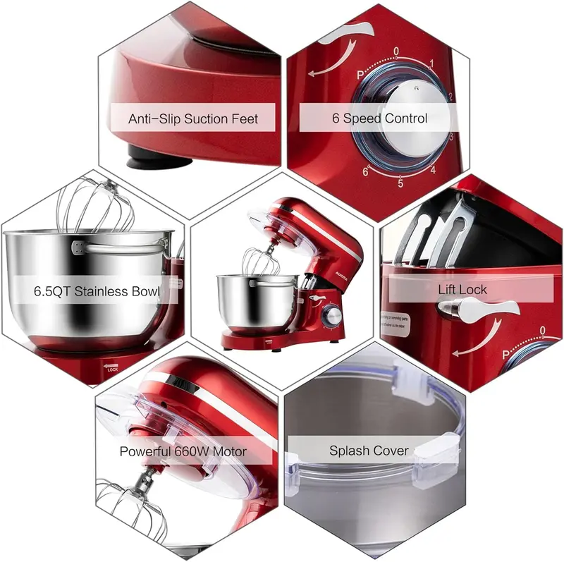 Aucma 6.5-Qt Tilt-Head Stand Mixer — 660W, 6-Speed Kitchen Mixer with Dough Hook & Stainless Steel Bowl