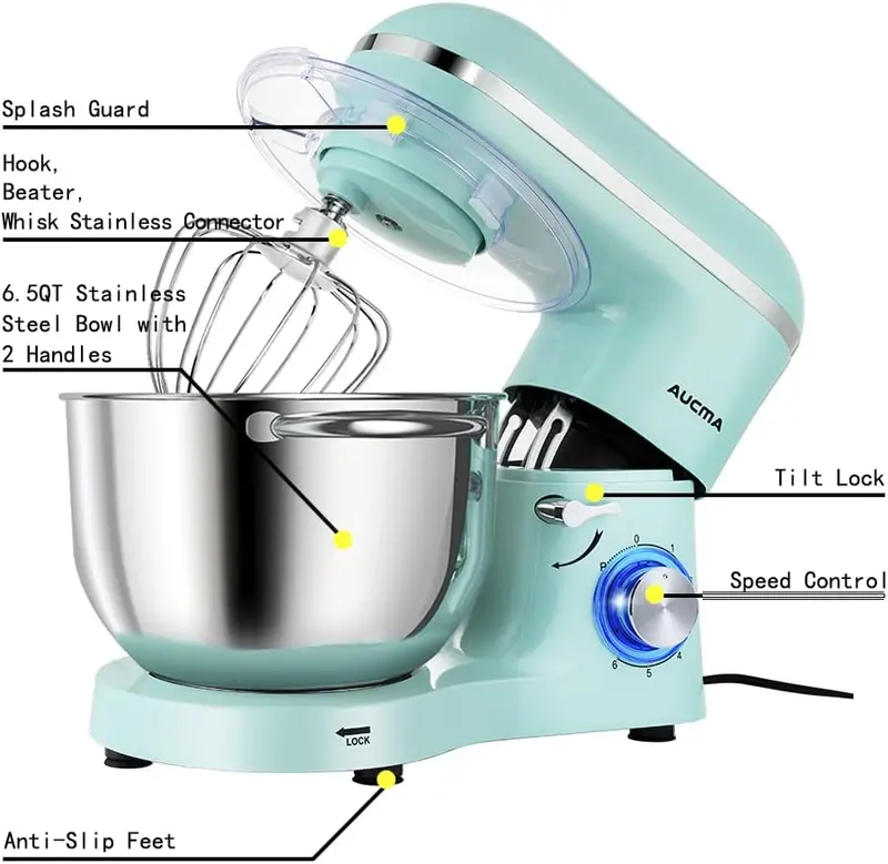 Aucma 6.5-Qt Tilt-Head Stand Mixer — 660W, 6-Speed Kitchen Mixer with Dough Hook & Stainless Steel Bowl