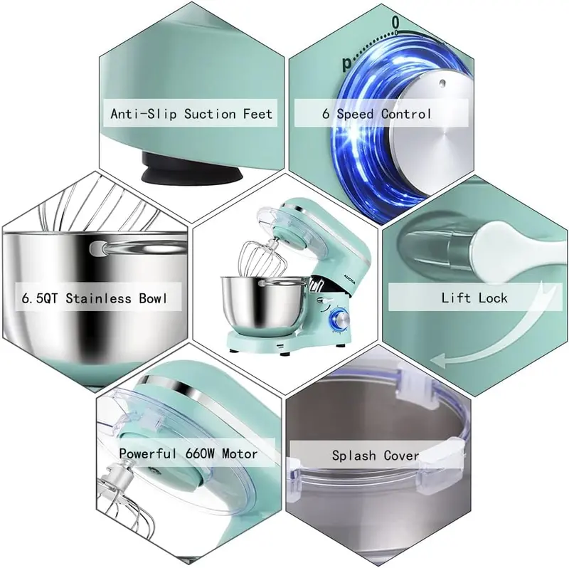 Aucma 6.5-Qt Tilt-Head Stand Mixer — 660W, 6-Speed Kitchen Mixer with Dough Hook & Stainless Steel Bowl