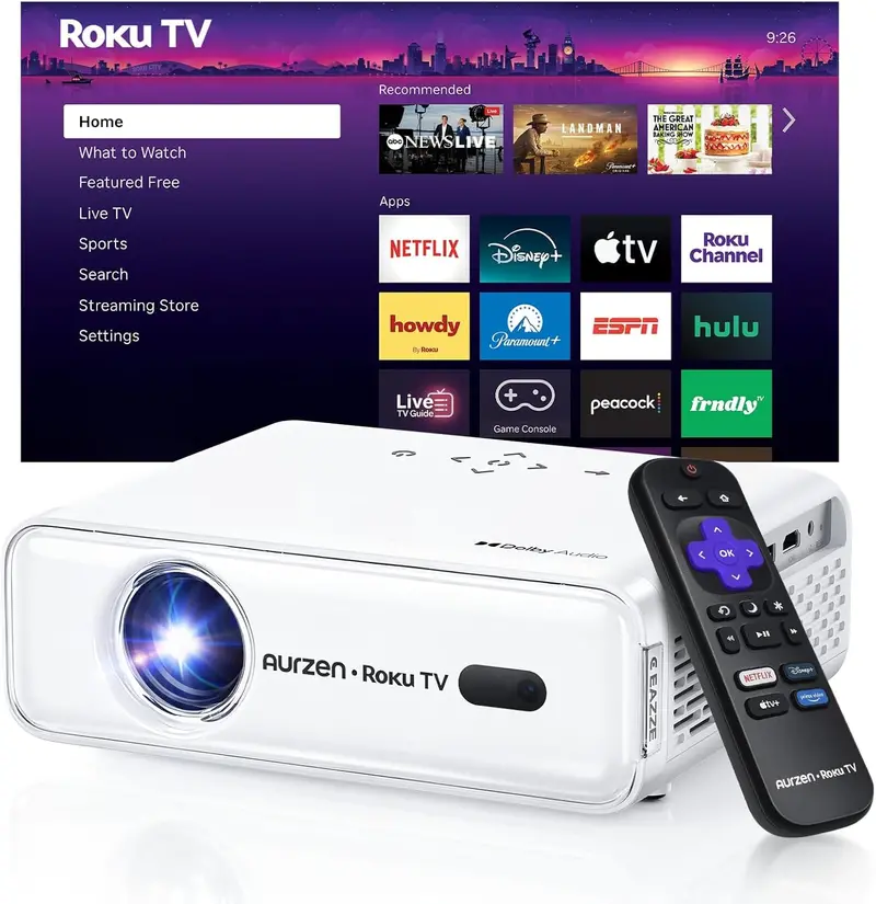 Aurzen Roku TV Smart Projector — Built-in Roku OS, WiFi, Bluetooth, and Instant Streaming Access