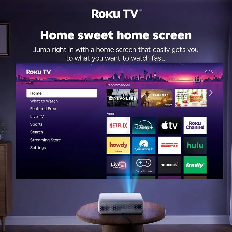 Aurzen Roku TV Smart Projector — Built-in Roku OS, WiFi, Bluetooth, and Instant Streaming Access