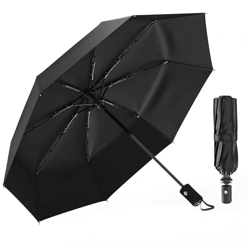 Automatic Open/Close Folding Travel Umbrella with Fiberglass Frame