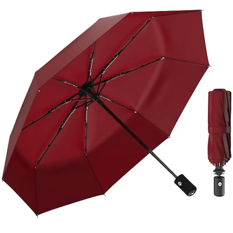 Automatic Open/Close Folding Travel Umbrella with Fiberglass Frame