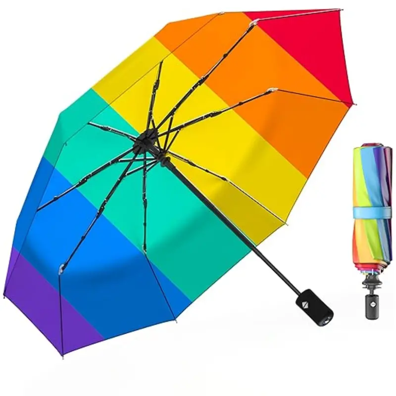 Automatic Open/Close Folding Travel Umbrella with Fiberglass Frame