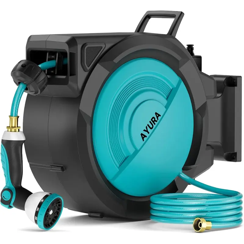AYURA Retractable Garden Hose Reel – Auto-Rewind, Adjustable Length Lock & 10-Spray Nozzle