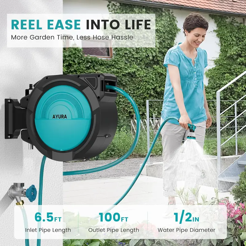AYURA Retractable Garden Hose Reel – Auto-Rewind, Adjustable Length Lock & 10-Spray Nozzle 2