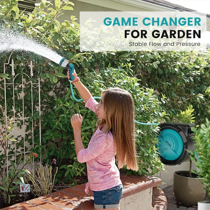 AYURA Retractable Garden Hose Reel – Auto-Rewind, Adjustable Length Lock & 10-Spray Nozzle