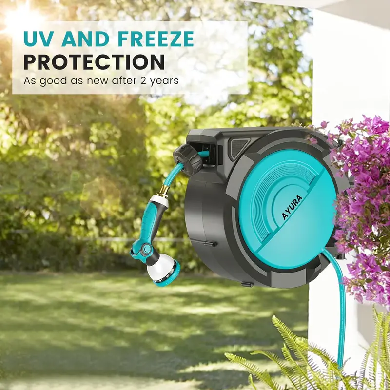 AYURA Retractable Garden Hose Reel – Auto-Rewind, Adjustable Length Lock & 10-Spray Nozzle