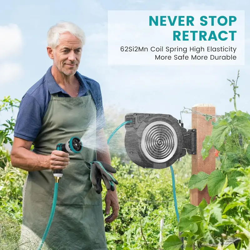 AYURA Retractable Garden Hose Reel – Auto-Rewind, Adjustable Length Lock & 10-Spray Nozzle